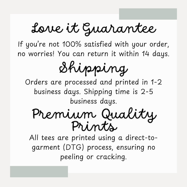 May include: A white background with black text that reads "Love it Guarantee", "Shipping", and "Premium Quality Prints". The text describes the return policy and printing process.