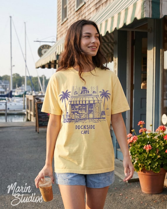 Coastal Graphic Tee, Dockside Café Shirt,  Beach Town T-Shirt, Comfort Colors® Nautical Summer Shirt