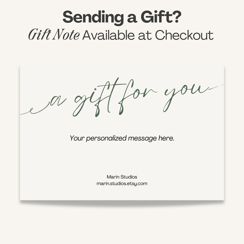 May include: A rectangular gift note card with a cream background. The text reads: Sending a Gift? Gift Note Available at Checkout. The centre features the dark green cursive script: a gift for you. Below is: Your personalised message here. Marin Studios marin.studios.etsy.com.