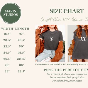 A Comfort Colors unisex shirt size guide.