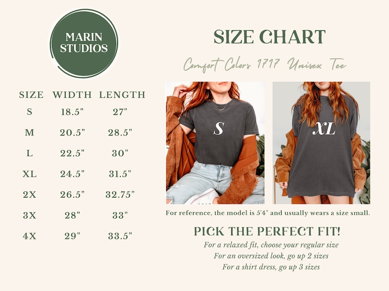 A Comfort Colors unisex shirt size guide.