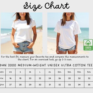 May include: Size chart for a Gildan 2000 Medium-Weight Unisex Ultra Cotton Tee. The chart shows the width and length measurements in inches for sizes XS to 5XL.