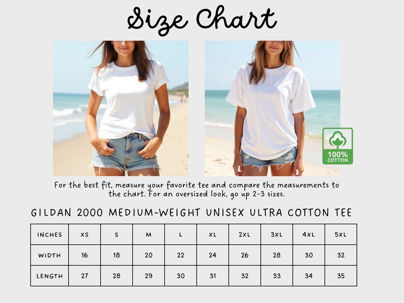 May include: Size chart for a Gildan 2000 Medium-Weight Unisex Ultra Cotton Tee. The chart shows the width and length measurements in inches for sizes XS to 5XL.