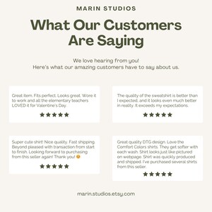 K&ouml;nnte beinhalten: Bild von Marin Studios mit dem Text "What Our Customers Are Saying". Das Bild zeigt Kundenbewertungen mit 5-Sterne-Bewertungen, die die Qualit&auml;t, das Design und den schnellen Versand loben. Die Website-Adresse marin.studios.etsy.com ist ebenfalls sichtbar.