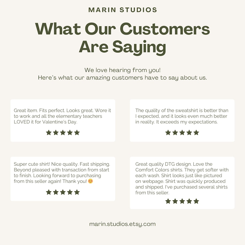 K&ouml;nnte beinhalten: Bild von Marin Studios mit dem Text "What Our Customers Are Saying". Das Bild zeigt Kundenbewertungen mit 5-Sterne-Bewertungen, die die Qualit&auml;t, das Design und den schnellen Versand loben. Die Website-Adresse marin.studios.etsy.com ist ebenfalls sichtbar.