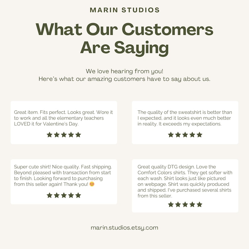 May include: Cream-colored graphic with the text "What Our Customers Are Saying" and customer testimonials. The testimonials include star ratings and positive feedback about product quality, shipping, and design.