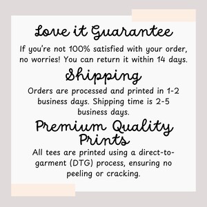 May include: A cream-colored graphic with black text. The text reads "Love it Guarantee," followed by details about returns. Below, "Shipping" is written, with information on order processing and shipping times. The graphic ends with "Premium Quality Prints."