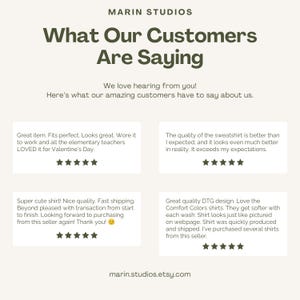 May include: A customer review graphic for Marin Studios titled What Our Customers Are Saying. It features four testimonials with five-star ratings, praising item quality, fit, and design. The text includes the URL marin.studios.etsy.com at the bottom.