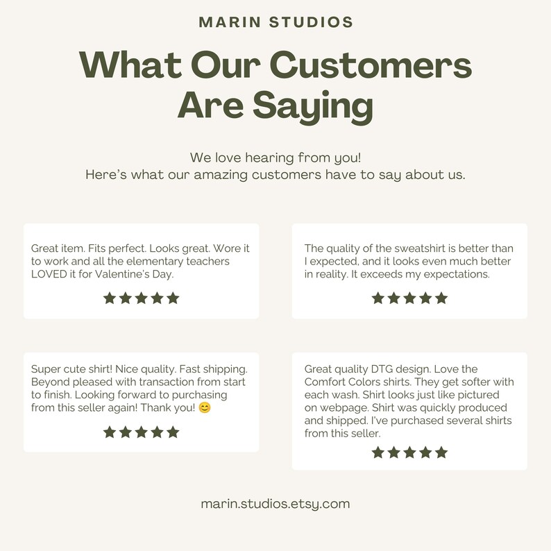 May include: A customer review graphic for Marin Studios titled What Our Customers Are Saying. It features four testimonials with five-star ratings, praising item quality, fit, and design. The text includes the URL marin.studios.etsy.com at the bottom.