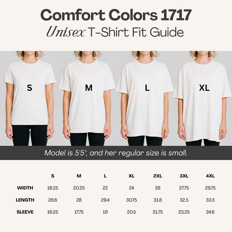 Peut inclure: Guide des tailles de t-shirts unisexe Comfort Colors 1717. L'image montre quatre mod&egrave;les portant des t-shirts blancs en tailles S, M, L et XL. Le guide comprend les mesures de la largeur, de la longueur et de la longueur des manches en cm pour les tailles S &agrave; 4XL.