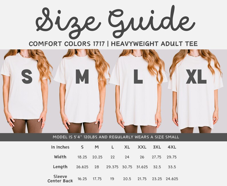 A size guide for Comfort Colors shirts.