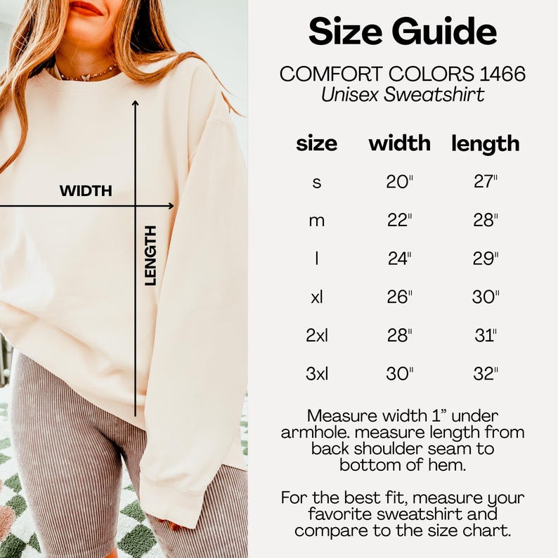 May include: A cream-coloured crewneck sweatshirt shown with a size guide chart for Comfort Colors 1466. The chart lists sizes S through 3XL with corresponding width and length measurements in inches, alongside instructions for measuring the garment.