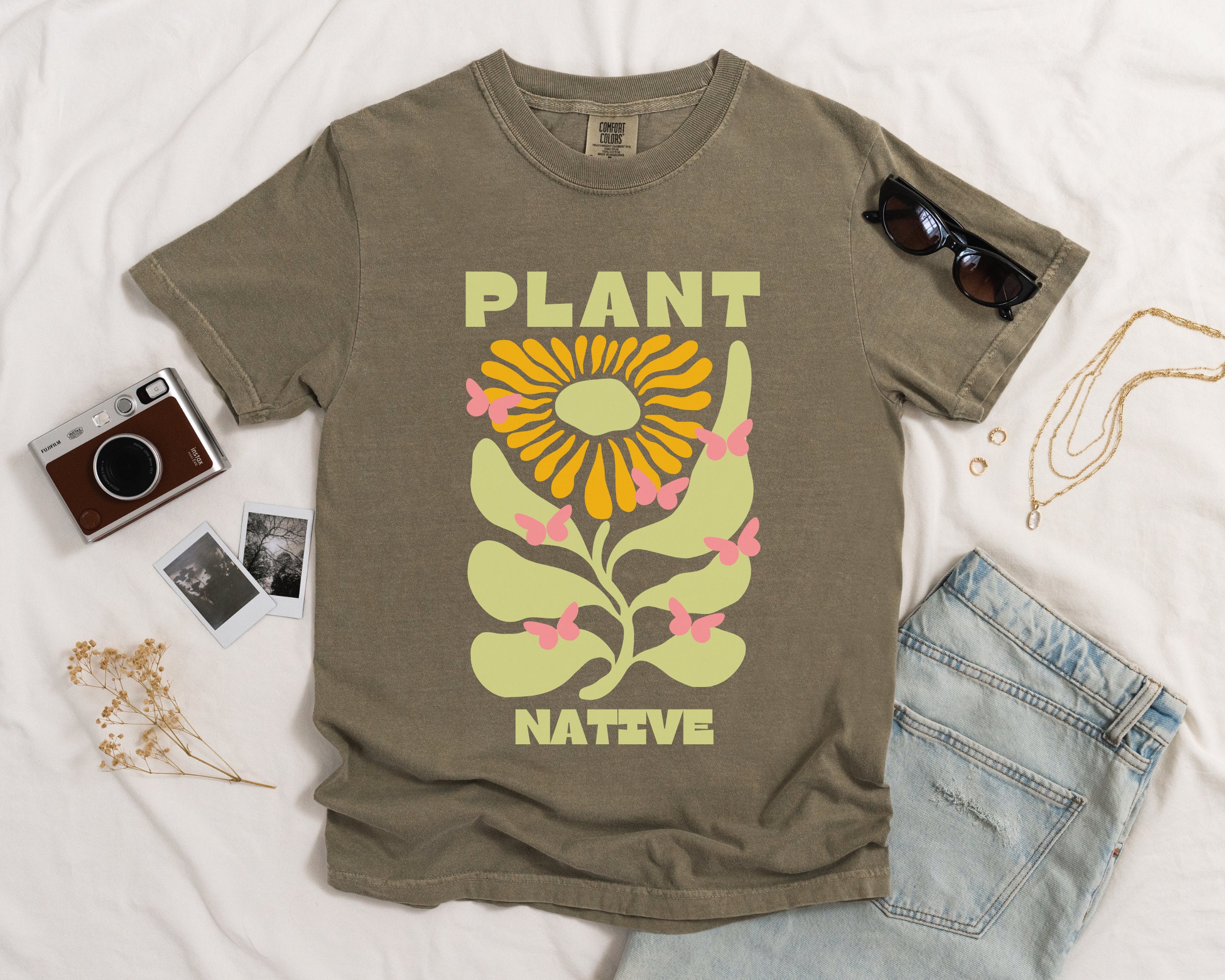 Plant Native T-shirt: Abstract Floral Design, Sustainable