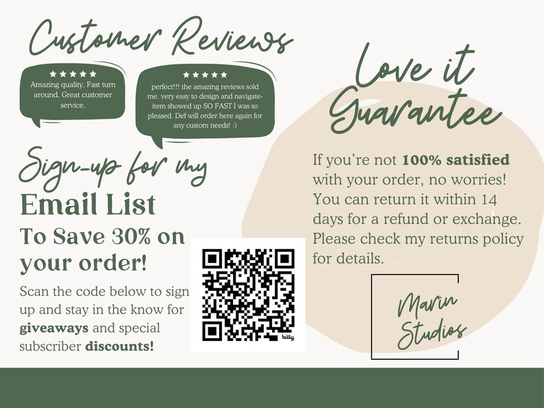 My shop offers a Love it Guarantee that offers refunds and exchanges if you are not satisfied with your purchase.