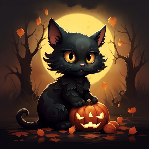 Cartoon Halloween Cat With Pumpkin Digital Art Etsy