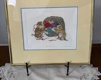 Signed and numbered lithograph by Martha Harrison “A Good Yarn” featuring kittens and a basket of yarn