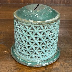 Antique Late 1800s 3&quot; Pierced Gridded Triangle Tin Metal Coin Bank with original paint
