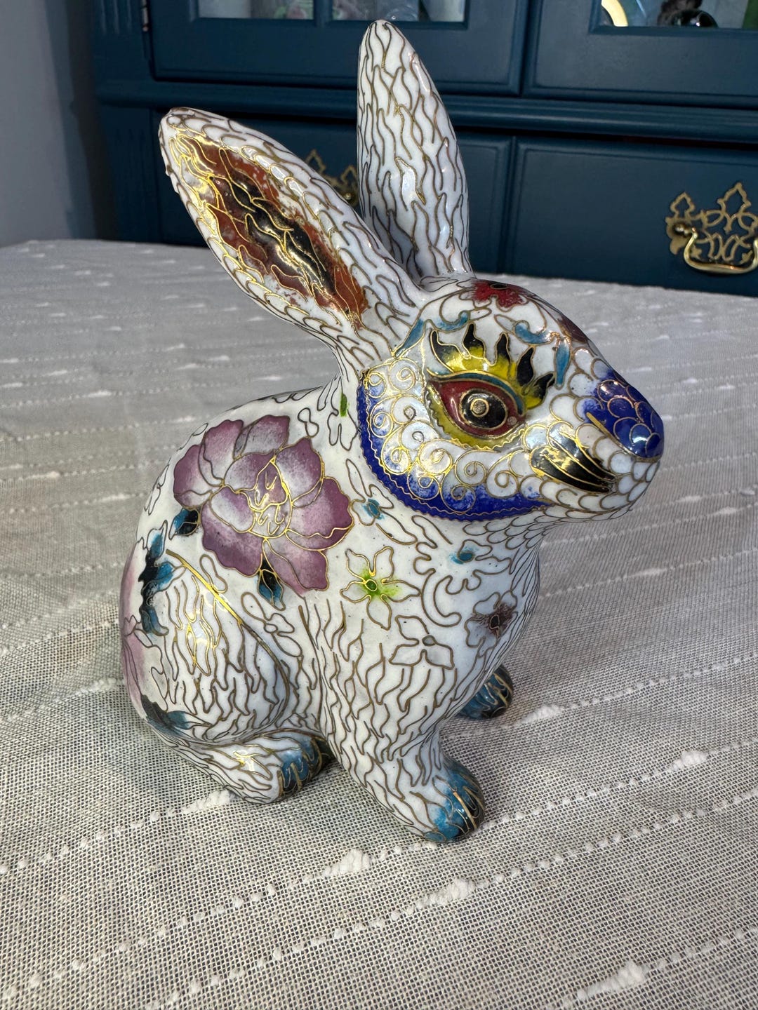 Vintage Chinese Cloisonné Rabbit Figurine - Hand Painted White Enamel ...