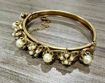 Vintage Florenza Faux Pearl Clamper Bracelet |1950s Victorian Revival Gold Tone Hinged Bangle with Safety Chain |Mid Century Costume Jewelry