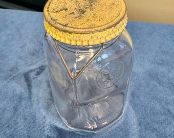 Vintage Canadian Glass Utility Jar with Wire Bail Handle & Yellow Metal Lid, Antique 1 lb General Store Canister, Country Farmhouse Kitchen