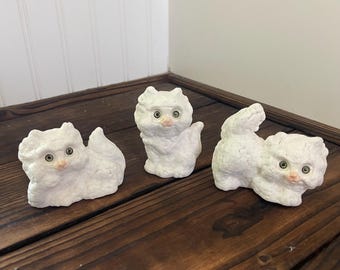 Vintage Roselane Pottery Kitty Cat Figurines set of 3 sweet white fluffy green eyed cats
