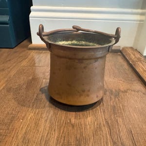 May include: A small, antique copper bucket with a rounded base and two handles. The bucket has a dark patina and a curved handle. The interior contains a green substance. A decorative item for the home.