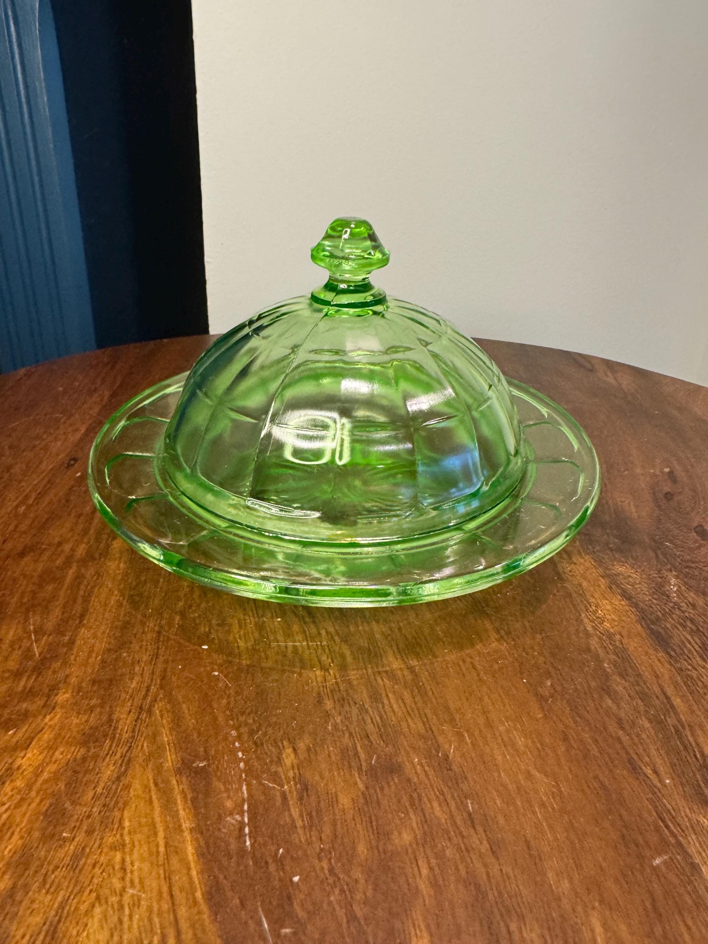Vintage Hazel Atlas 1930's Light Green Vaseline Glass Covered