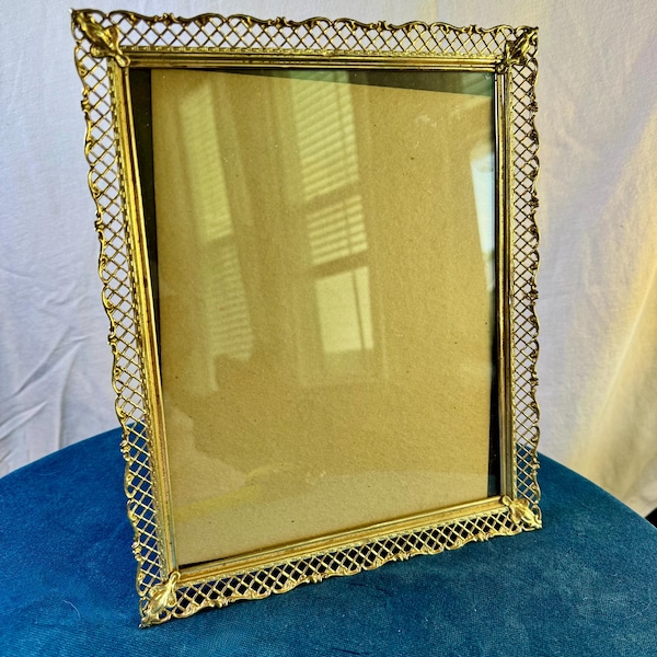 Vintage Hollywood Regency Gold Filigree Frame - 7.5x9.5 Mid Century Ormolu Photo Frame or Perfume Vanity Tray - Ornate Brass Style Metal