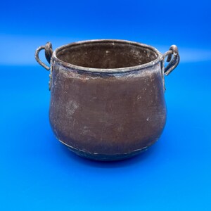 Antique Hand-Forged Copper Cauldron Pot | 5" x 5" Primitive Hammered Metal Bowl with Heavy Iron Loop Handles, Small Rustic Farmhouse Planter