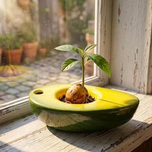 May include: A ceramic avocado-shaped planter with a glossy yellow interior and a dark green exterior. A single avocado pit is nestled in the center, sprouting a slender green stem with several small, pointed leaves reaching upward.