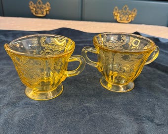 Vintage Federal Glass Madrid Amber Yellow Creamer and Open Sugar Bowl Set – 1930s Depression Glass