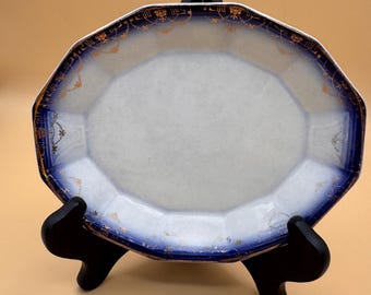 Antique 1921 Sebring Pottery Flow Blue Relish Dish | Semi-Vitreous Cobalt & Gold Octagonal Tray | S.P.Co. Ohio Small Accent Plate, 7.5 x 5.7