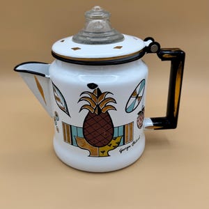 Vintage Georges Briard Ambrosia Enamelware Coffee Pot | Mid Century Modern Pineapple Percolator Kettle | MCM Kitchen Decor
