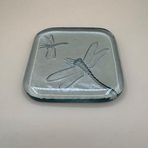 Vintage Clear Green Recycled Glass Dragonfly Trivet Tile • Heavy Embossed Pressed Art Glass Paperweight Coaster • Eco Friendly Nature Decor