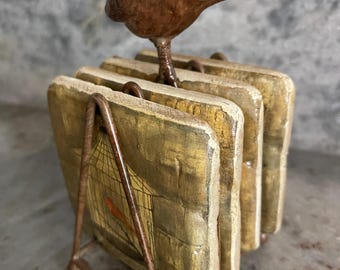 Albeua Stoneware Ceramic 4 Piece Coaster Set and Iron Holder Caged Bird