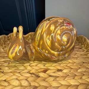 Vintage 10” Ceramic Snail | High Gloss Reactive Glaze Figurine | Unsigned MCM Art Pottery | Large Whimsical Shelf Decor or Succulent Pot