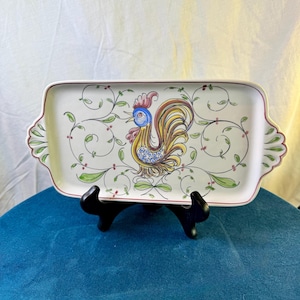 Vintage Anfora Agueda Hand Painted Rooster Tray 113, Portuguese Folk Art Ceramic Tapas Platter, Galo de Barcelos Good Luck Rooster 12"x6"
