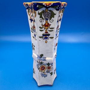 Antique French Faience Vase, Hand Painted Vieux Rouen  Polychrome Pottery, Desvres Tin-Glazed Octagonal Trumpet Vase, Made in France c.1900