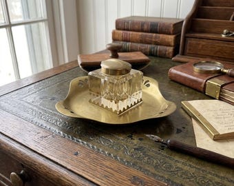 Antique Art Deco Glass and Brass Inkwell Tray |Early 20th Century AustroHungarian Geometric Crystal Desk Inkwell |Vintage Bohemian Desk Tray