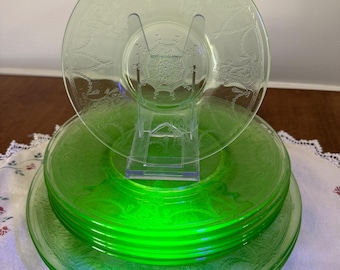 1930’s Green uranium depression glass plates in 2 sizes. 8 total plates