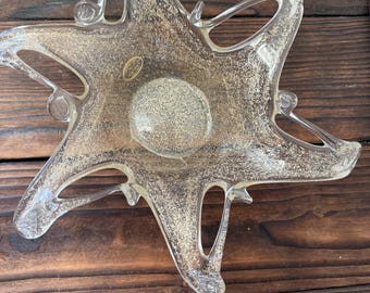 Vintage Murano Lavorazione Arte Murano Glass Starfish Bowl – Mid-Century Modern Clear Glass Candy Dish with Gold Flecks – Italian Art Glass