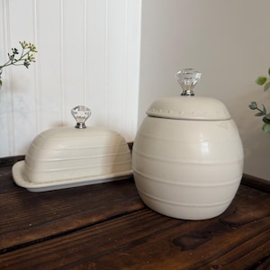 Charming Large Ceramic Butter Diah And Canister Set with vintage style glass knob handles