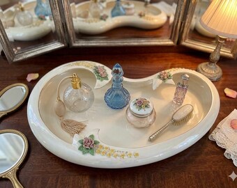 Vintage Kidney-Shaped Ceramic Vanity Tray | 3D Porcelain Floral Accents & Gold Trim | Mid-Century Romantic Dresser Decor
