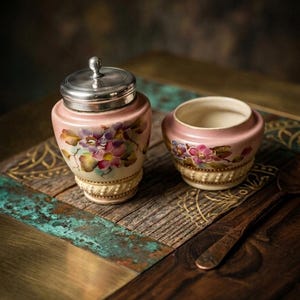 May include: Two antique ceramic jars with floral designs. One jar has a silver lid, and the other is open. Both are pink with purple, yellow, and green floral patterns. They sit on a wooden surface with a copper spoon.