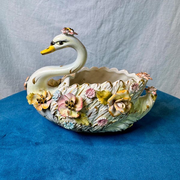 Vintage Italian Majolica Swan Planter Ardalt Fiori Antico Capodimonte Style Floral Centerpiece Bowl Damaged 1950s
