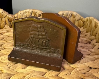 Antique Pacquin Cast Iron Clipper Ship Bookends, Pair Circa 1910, Nautical Bronze Finish Tall Ship Decor, Signed Early 20th Century Metalwar