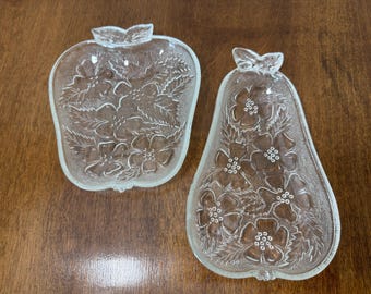 set of vintage Hazel Atlas clear glass dishes. Pear and Apple with dogwood embossed flowers