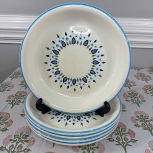 Vintage MCM Marcrest Swiss Alpine Set of 5 Large Soup/Pasta Bowls – Blue & Green Floral – 10”