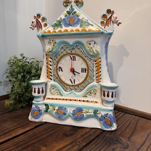 Vintage Gzhel Majolica Ceramic Mantel Clock with Candle Holders, Hand-Painted Soviet Pottery by Master Artist V.A. Petrov & N.V. Vanchurkina