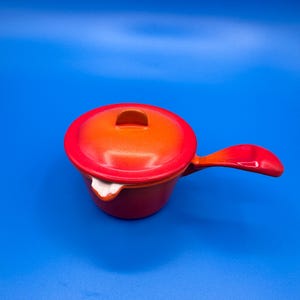 Vintage Descoware Flame Orange Enameled Cast Iron Butter Warmer with Lid, Mid Century Belgium #84 Melting Pot, Retro MCM Kitchen Decor